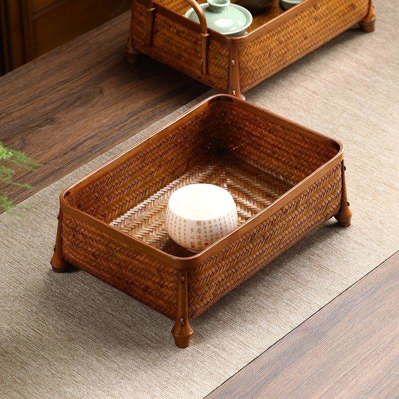 竹编大漆提篮复古中式茶具收纳盒整理置物筐桌面圆形水果篮点心篮