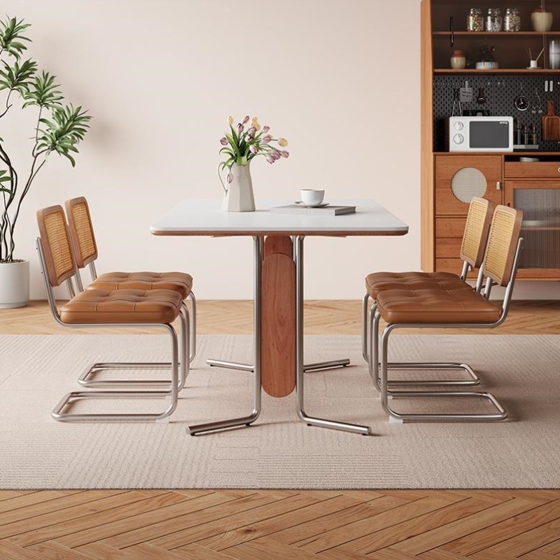 中古风岩板餐桌现代简约小户型家用法式复古长方形实木不锈钢饭桌