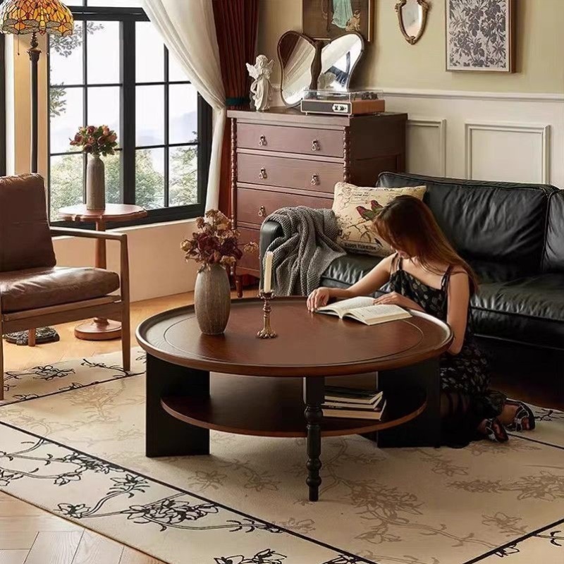 法式全实木茶几圆形茶桌小户型小桌子中古风家用客厅复古新款茶几