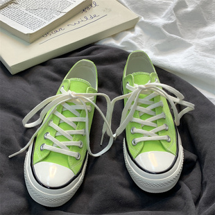 荧光绿色低帮帆布鞋ins潮流百搭系带板鞋2026新款时尚圆头休闲鞋