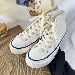 白色蓝边高帮圆标帆布鞋时尚潮流男女款小白鞋2026春新款休闲板鞋