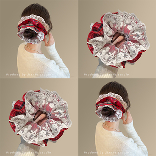 气质双层格纹蕾丝大肠发圈女2026新年红色喜庆头绳发饰丸子头发绳