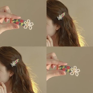新中式碎花珍珠花朵发夹超仙侧边夹刘海夹氛围感少女一字bb夹发卡