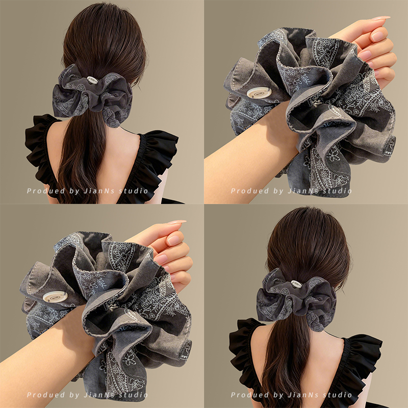 韩系气质印花双层布艺大肠发圈女高级感扎马尾显发量头绳发饰头花