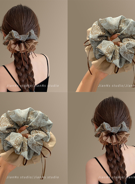 高级感复古碎花飘带大肠发圈女2025新款扎马尾丸子头大号皮筋发绳