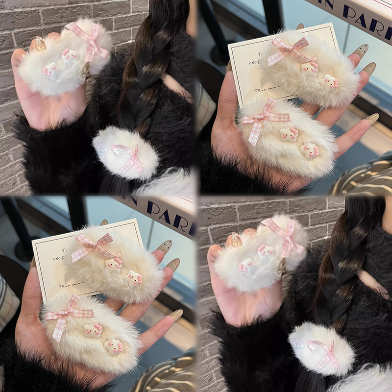 秋冬新款毛绒KT猫星星发夹甜美少女蝴蝶结bb夹发卡毛茸茸卡通发饰