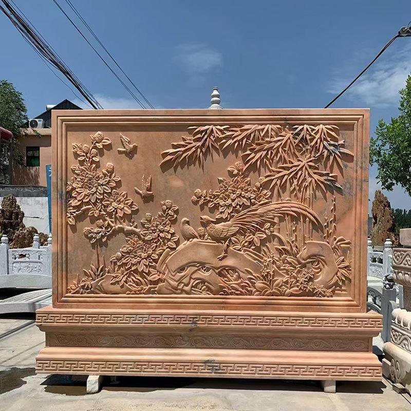 晚霞红石雕影壁墙室外浮雕景墙石台石头福字别墅庭院中式浮雕装饰