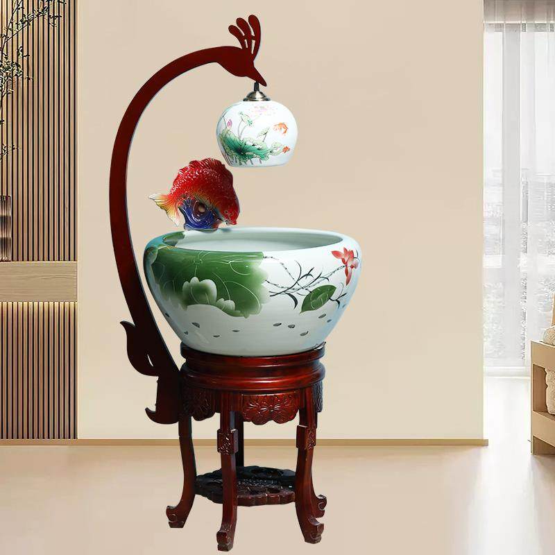 大号青花鱼缸景德镇鱼缸新中式鱼盆加湿流水摆件客厅落地鱼缸玄关