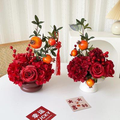 玫瑰绣球石榴冬青发财果仿真花假花餐桌玄关茶几客厅年宵花艺摆件