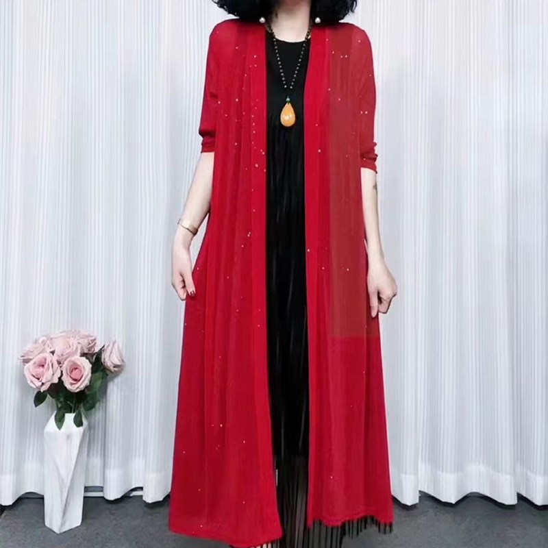 夏季网纱外搭中长款宽松大码披肩外套中老年女装妈妈弹力开衫防晒