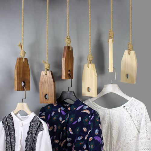 服装店吊顶悬挂吊环衣架 实木橱窗展示架 麻绳吊挂店铺装修挂衣架