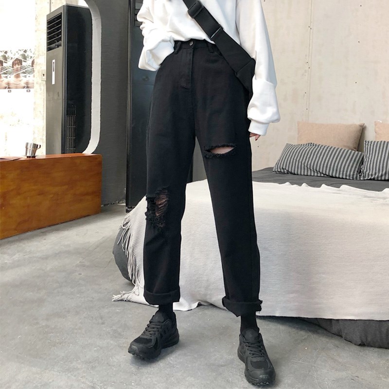 梨形身材裤子适合胯大腿粗大码宽松春季新款胖mm破洞九分牛仔女裤