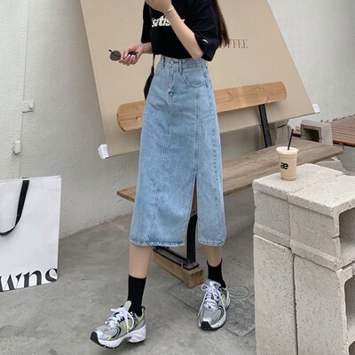 开叉牛仔半身裙女2021夏装新款大码胖mm中长款高腰包臀A字长裙子