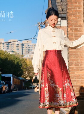 八分中长款改良马面裙 木兰禧【水墨山茶】织金仿妆花红色订婚