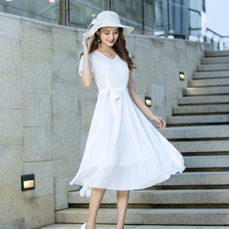 2021新款妈妈装夏装洋气女士短袖红色雪纺连衣裙中长款显瘦大摆