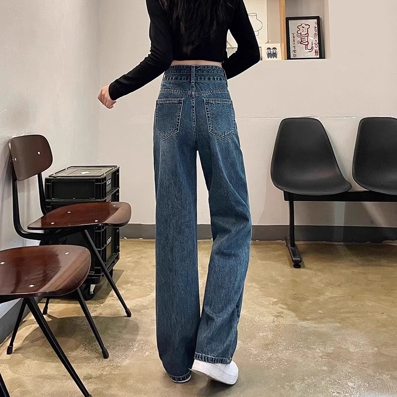 水泥灰阔腿牛仔裤女2024冬加绒加厚双扣宽松显瘦垂感拖地直筒裤子