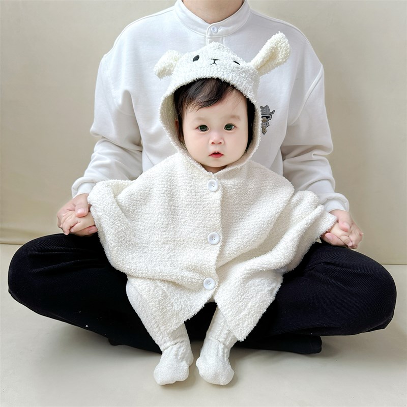 婴儿斗篷外出防风女宝男宝半边绒针织披风兔耳朵挡风连帽外套披肩