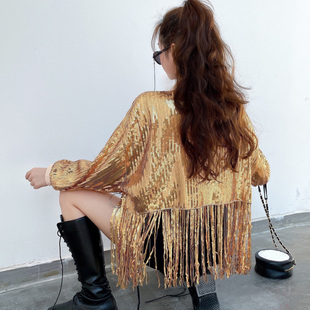 流苏外套女反光亮片不灵不灵闪闪的上衣 短款春秋bling潮跳舞台服