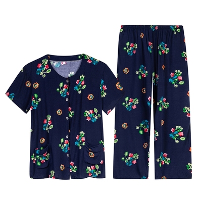 中老年加大码夏季开衫绵绸睡衣妈妈装女士棉绸短袖套装薄款家居服