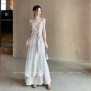 Best U新中式晕染小众吊带连衣裙女夏季新款复古设计感开叉裙子