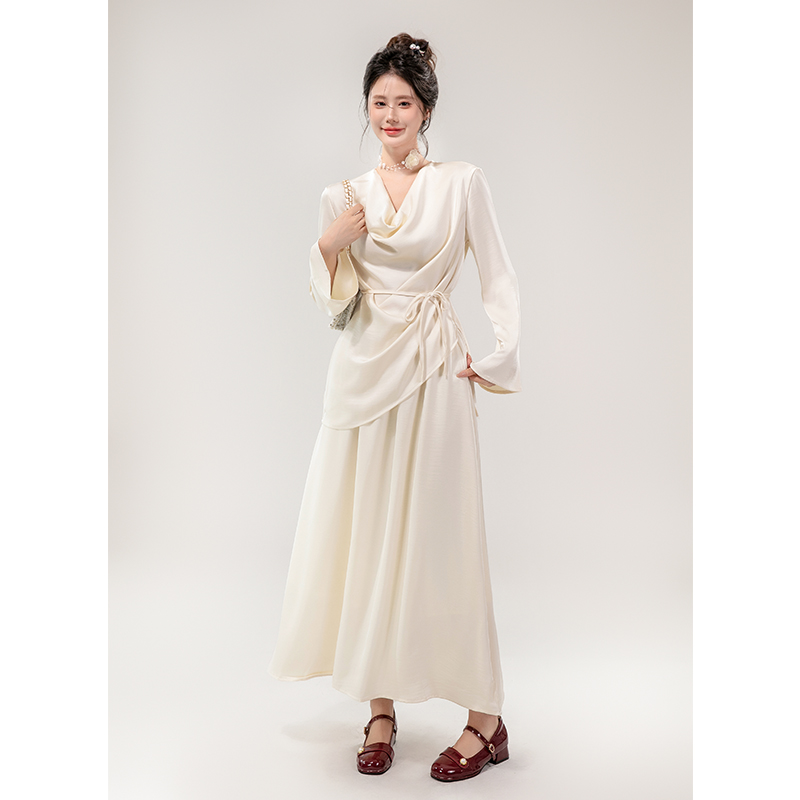 法式气质高级感荡领长袖衬衫女2025春装新款高腰垂感半身裙两件套