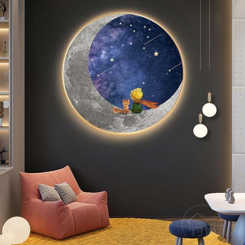 月球小王子儿童房装饰画男孩卡通动漫卧室床头挂画治愈系灯画
