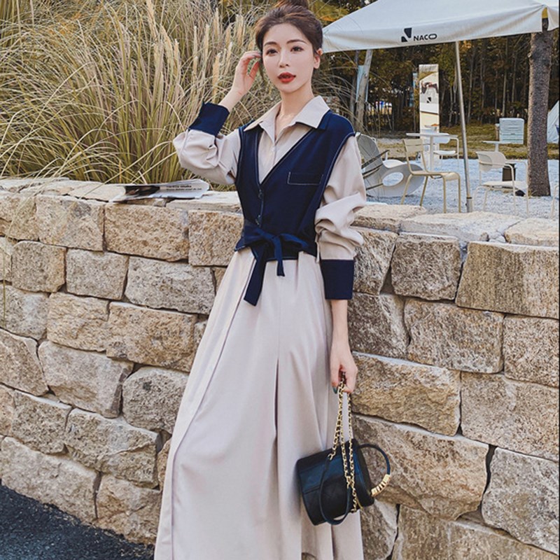 法式桔梗衬衫连衣裙女装2025春季新款高级感气质显瘦马甲长裙2112