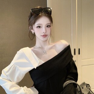 法式气质露肩气质假两件V领衬衫女长袖早春新款拼接洋气上衣时尚