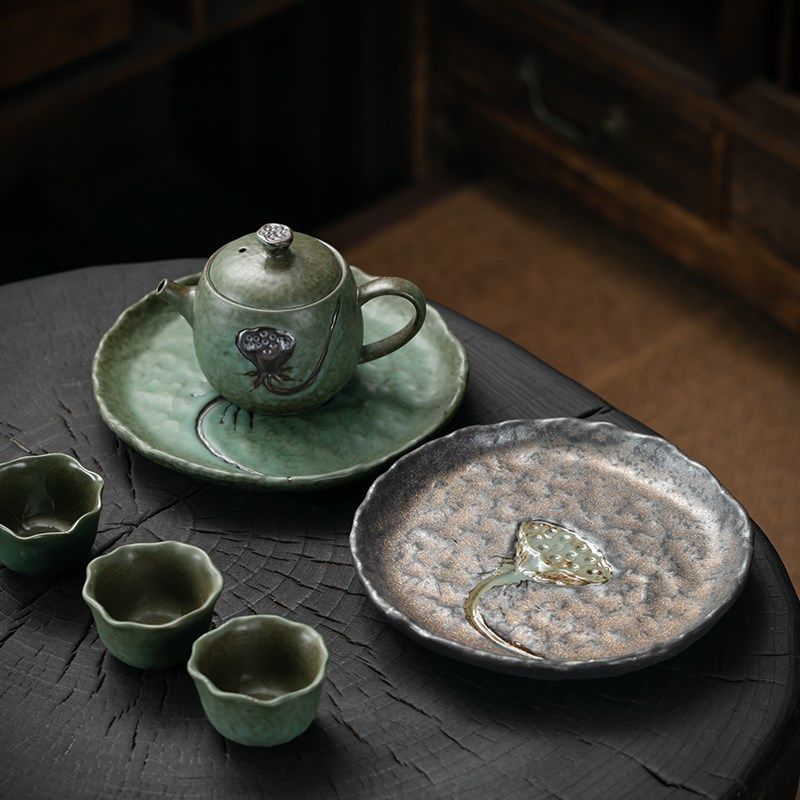 复古创意莲蓬粗陶茶盘家用干泡茶台简约陶瓷小型壶承干果盘水果盘
