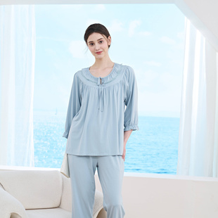 绮瑞新品睡衣春秋薄款莫代尔亲肤弹力圆领套头家居服套装女大码
