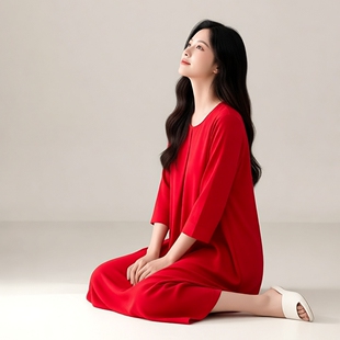 绮瑞女款春秋季纯棉睡裙本命年红色优雅蕾丝半袖丝光棉宽松家居服