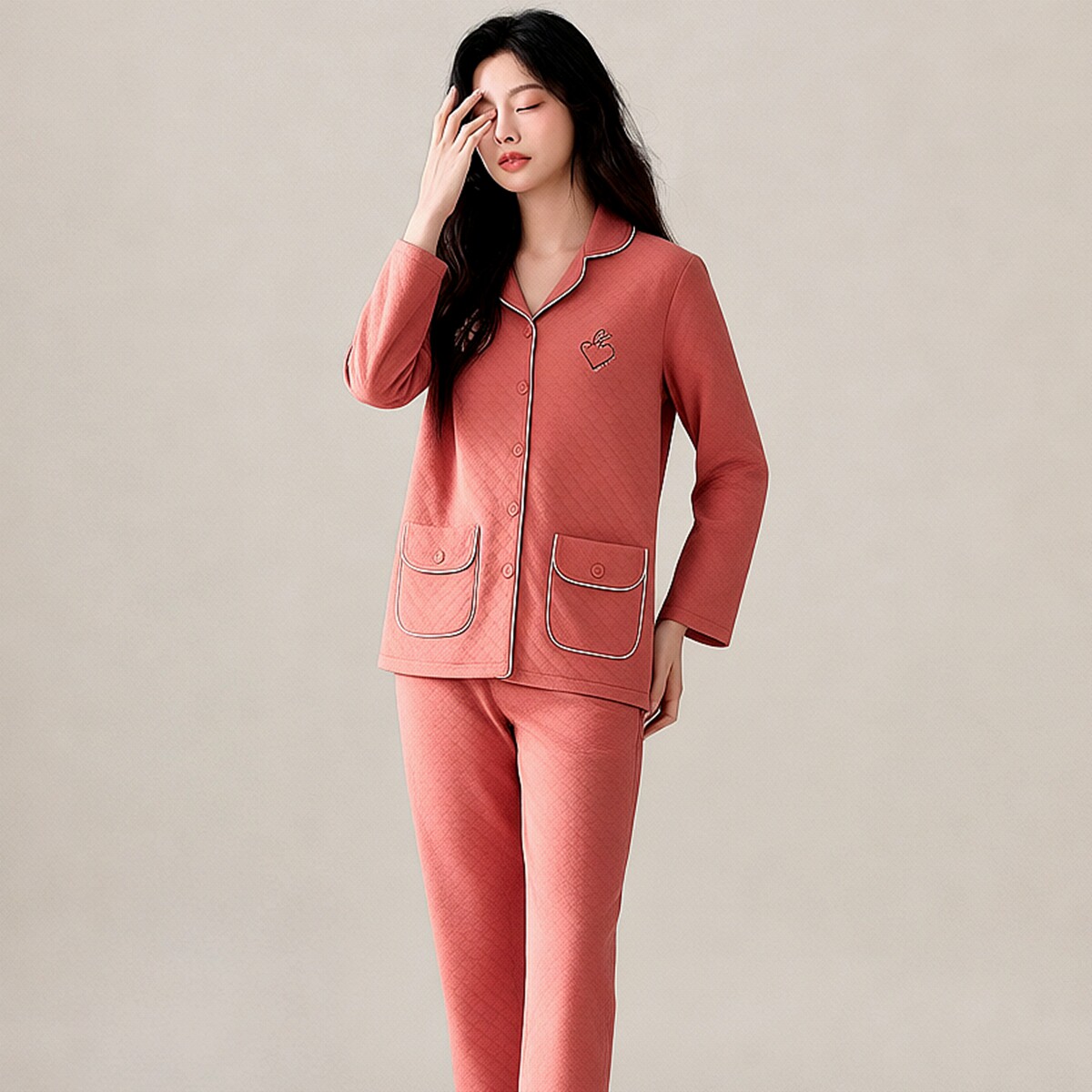 绮瑞女士冬季纯棉夹棉睡衣加厚空气棉夹层秋冬女款优雅妈妈家居服