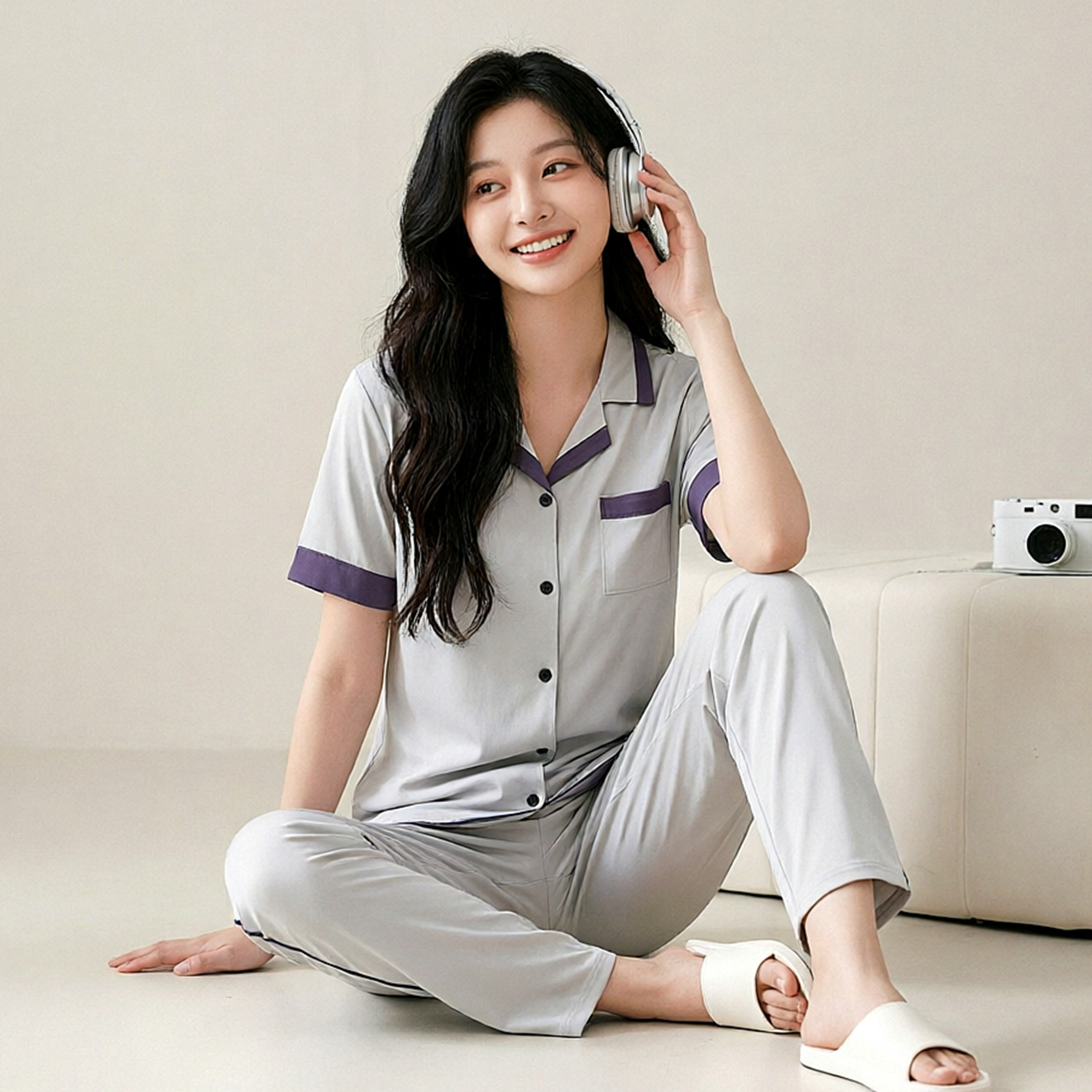 绮瑞情侣春夏莫代尔家居服男夏季短袖长裤简约睡衣女夏款开衫套装