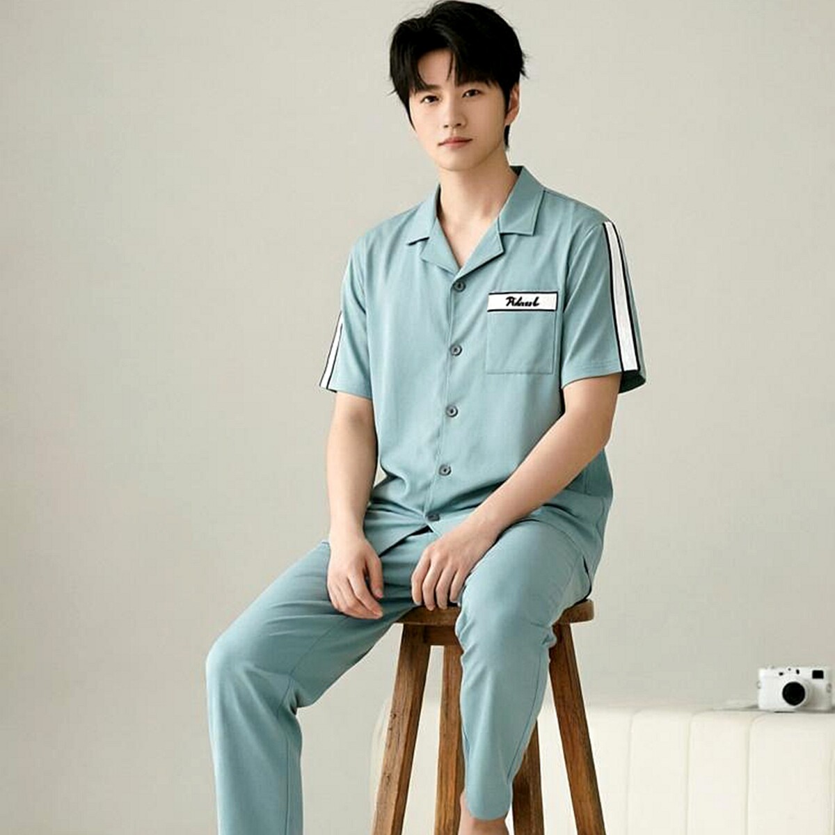 绮瑞夏季男士家居服纯棉开衫翻领短袖长裤睡衣时尚简约大码可外穿