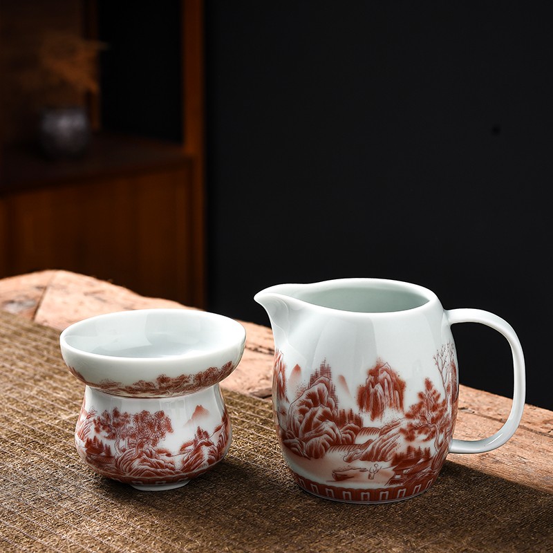 青花瓷茶滤过滤网景德镇全瓷v创意茶隔陶瓷茶具配件茶漏公道杯套