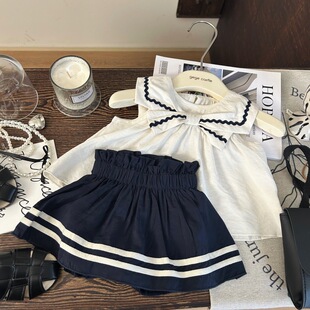 韩版童装2026新款夏季女童学院风套装儿童包屁裙子海军风两件套潮