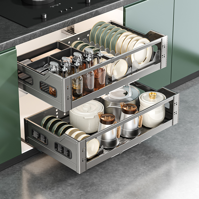 四季沐歌厨房橱柜拉篮抽屉式加高加深碗碟篮多功能双层调味储物架