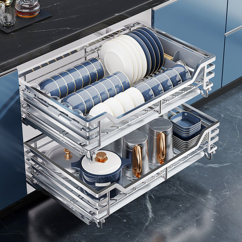 四季沐歌拉篮厨房整体橱柜304不锈钢抽屉式碗架?具车碗盘柜双层收