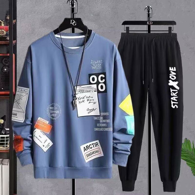 남성용 라운드 넥 풀오버 스웨트 셔츠 정장 봄 가을 청소년 및 학생 캐주얼 세트를위한 새로운 트렌디 한 루즈 2 피스 세트