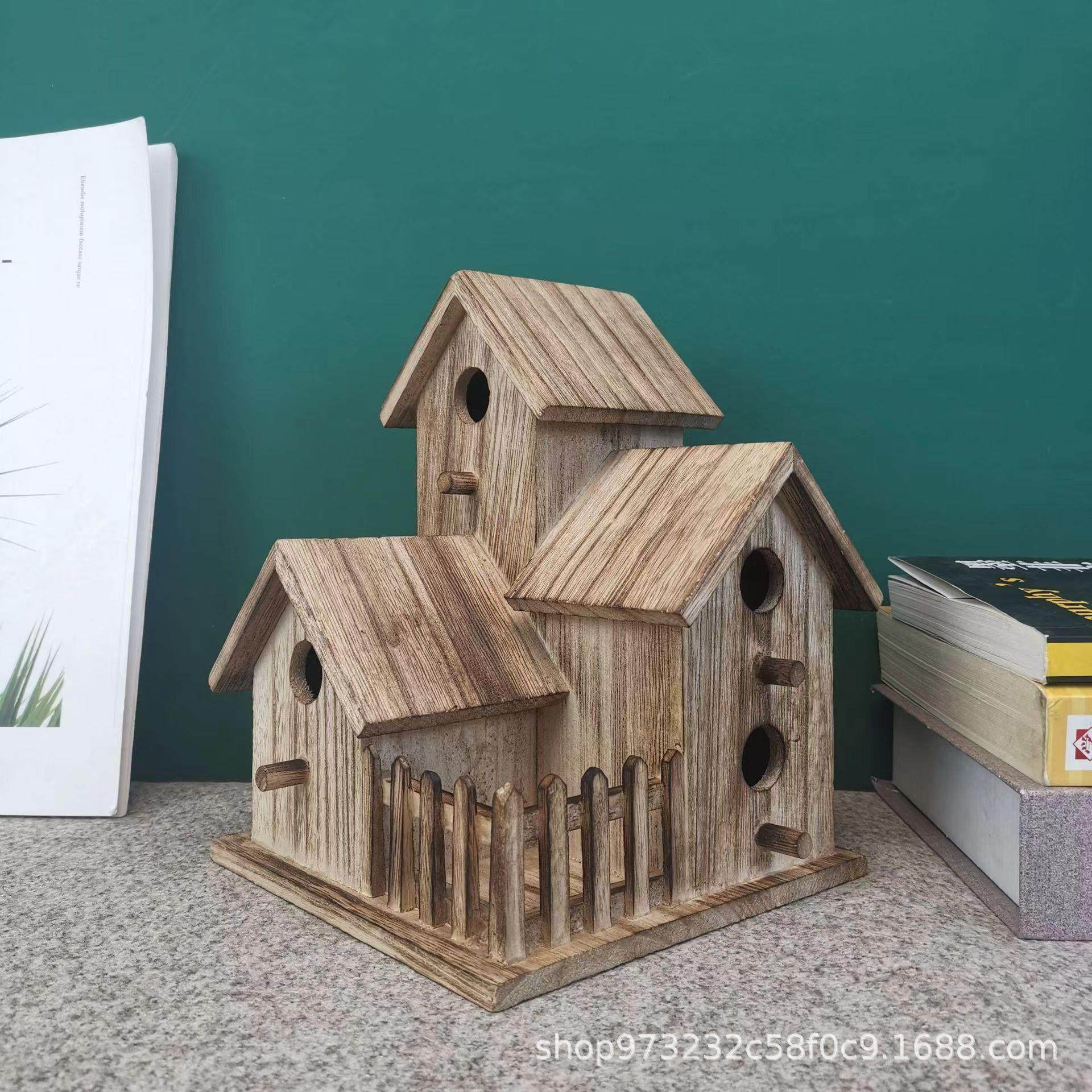 新款房子造型创意鸟窝小鸟繁殖箱装饰现货木质鸟窝鸟屋三间房子