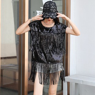 闪闪亮片表演出服装 流苏上衣 女跳舞台蹦迪打鼓走秀主播舞蹈潮短袖
