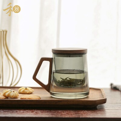 禾器玻璃泡茶杯木辰高档办公室绿茶杯茶水分离木把带过滤水杯