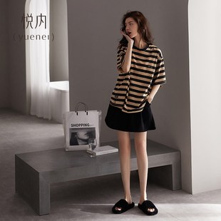 女士睡衣女款夏款夏天夏季家居服纯棉短袖短裤圆领套头条纹套装