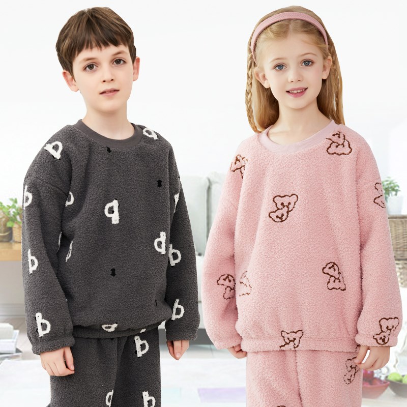 儿童法兰绒睡衣秋冬季加绒男童中大童家居服加厚珊瑚绒套装女童