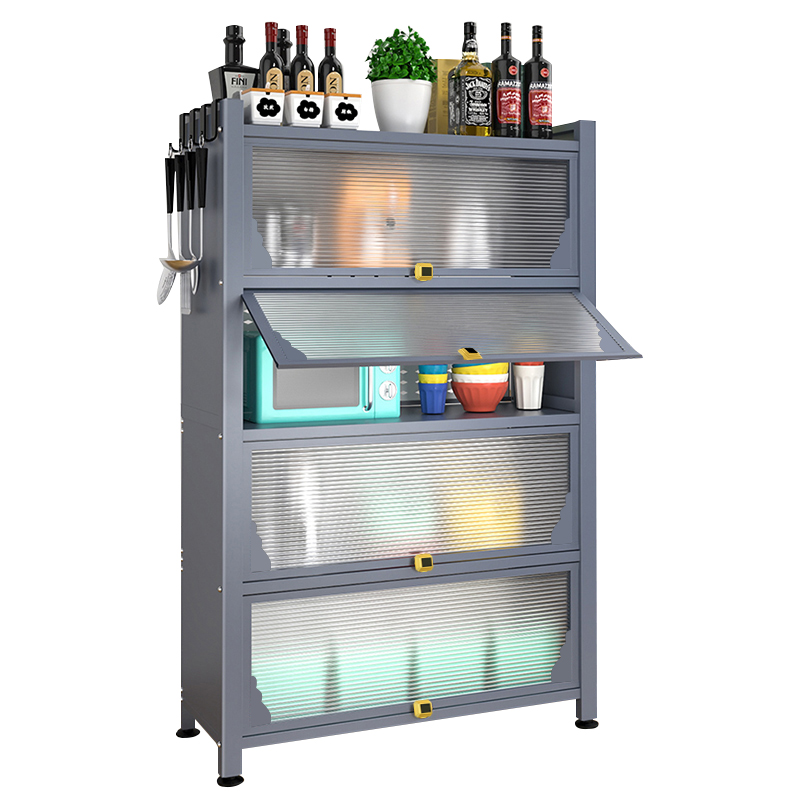 翻盖带门厨房置物架餐边储物柜子落地多层靠墙微波炉锅具收纳橱柜