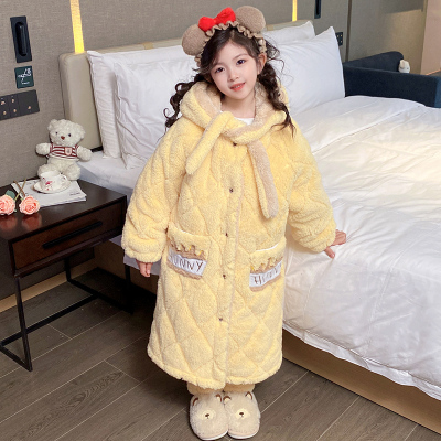 儿童睡衣秋冬季加厚款三层夹棉女童孩珊瑚绒法兰绒保暖睡袍家居服