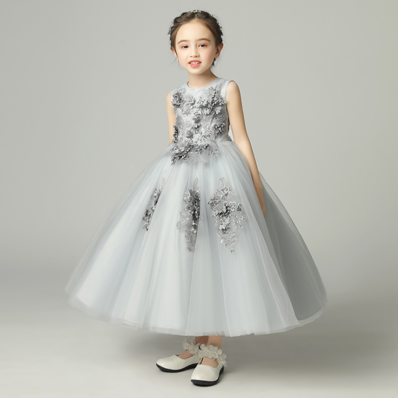 儿童礼服公主裙蓬蓬纱灰色婚纱长裙中大童钢琴模特演出服洋气