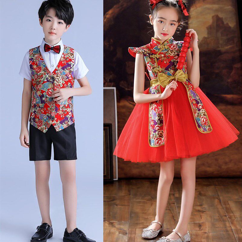六一女童旗袍纱裙国潮礼服合唱表演服儿童中国风走秀古筝演出服夏