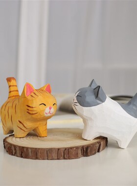 手工木雕大猫桌面摆件木质雕刻工艺品呆萌猫咪萌宠解压礼品日式