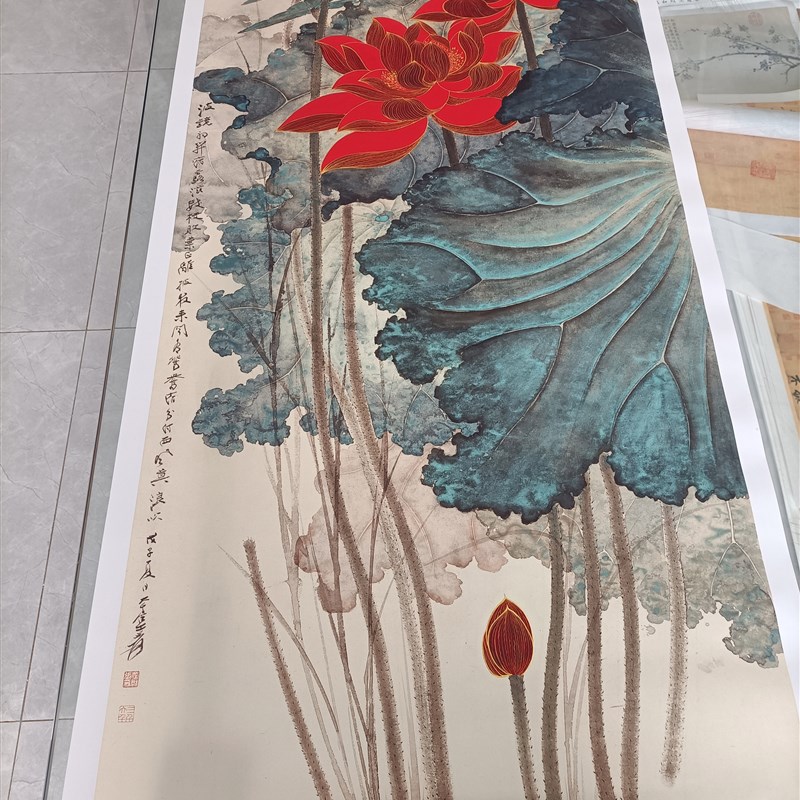 张大千金线荷花宣纸画芯花鸟挂画国画复古名画玄关装饰画高清微喷图片